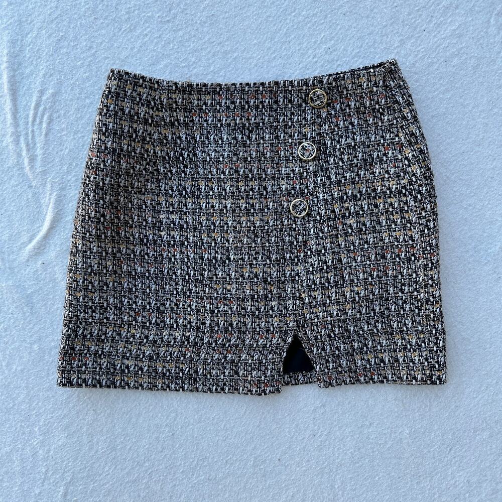 Gianni Bini Plaid Tweed Mini Skirt Women's Size 4 Brown Front Slit Preppy Y2K